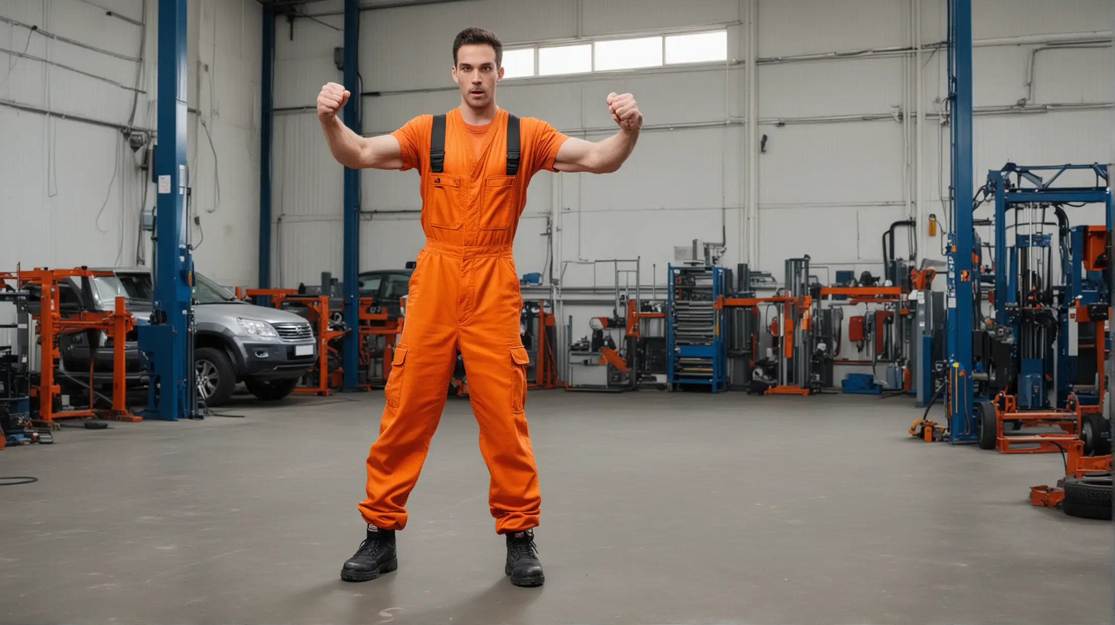 tanzender Mechaniker mit Stoßdämpfer, oranger Overall, ganze Person Frontalfoto in Autowerkstatt vor leerer Hebebühne