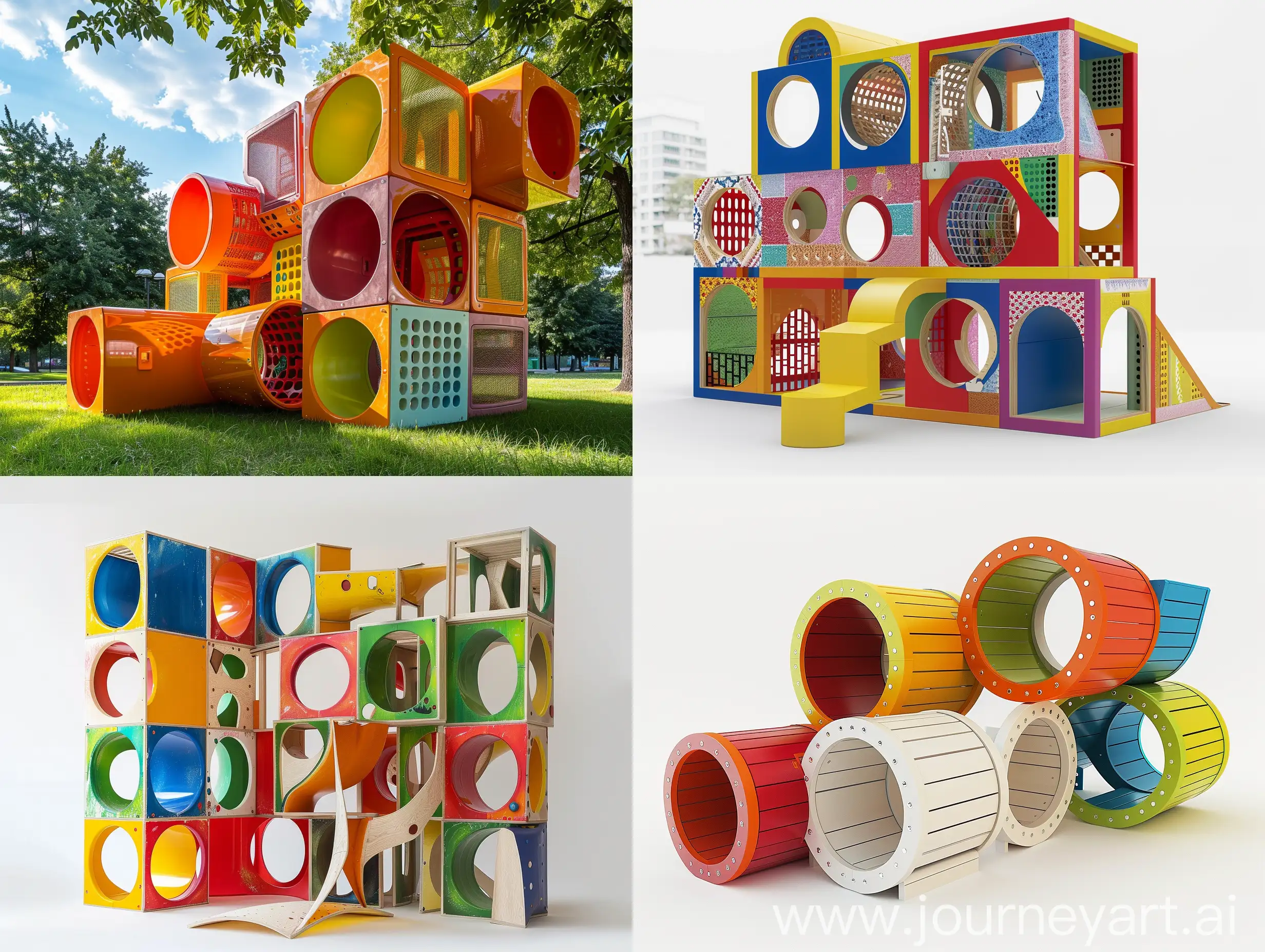 Engaging Element for New Generation Children:Design a modular, abstract play structure for children inspired by "Toy Story" and "Paw Patrol," using Bauhaus design principles. The structure should feature bright, primary colors, and be constructed from recycled plastics and treated wood. Each module is approximately 1m x 1m x 1m, with rounded edges for safety and textural variety for sensory engagement. The play elements should include climbing and sliding areas, arranged in a flexible, stackable configuration. This play structure is intended for high-traffic urban spaces such as mall fronts and small parks, providing a safe and engaging play environment without digital elements.             Form & Shape: Abstract forms inspired by animation characters and scenes, modular cubes and curves.
Structure: Modular, stackable units that can be rearranged.
Dimensions: Each module approximately 1m x 1m x 1m, allowing flexibility in space utilization.
Materials: Recycled plastics, treated wood, weather-resistant paint.
Colors: Bright, primary colors inspired by animation palettes, with a matte finish to reduce glare.
Details: Rounded edges for safety, textural variety for sensory engagement.
Features: Climbing, sliding, and imaginative play areas.
Location: High-traffic urban spaces like mall fronts, small parks, or community centers.
Design Style: Bauhaus-inspired minimalism with playful, abstract references to animations.