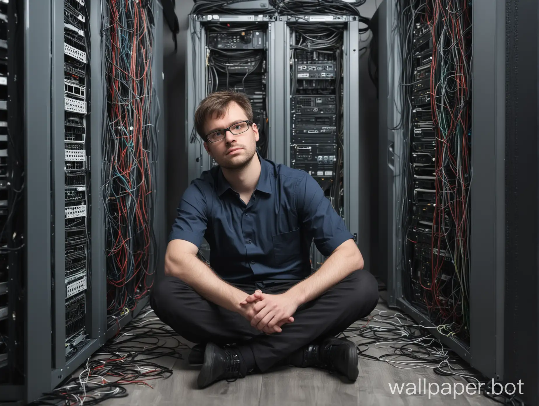 system administrator sits on the floor in the server room. got tangled in wires