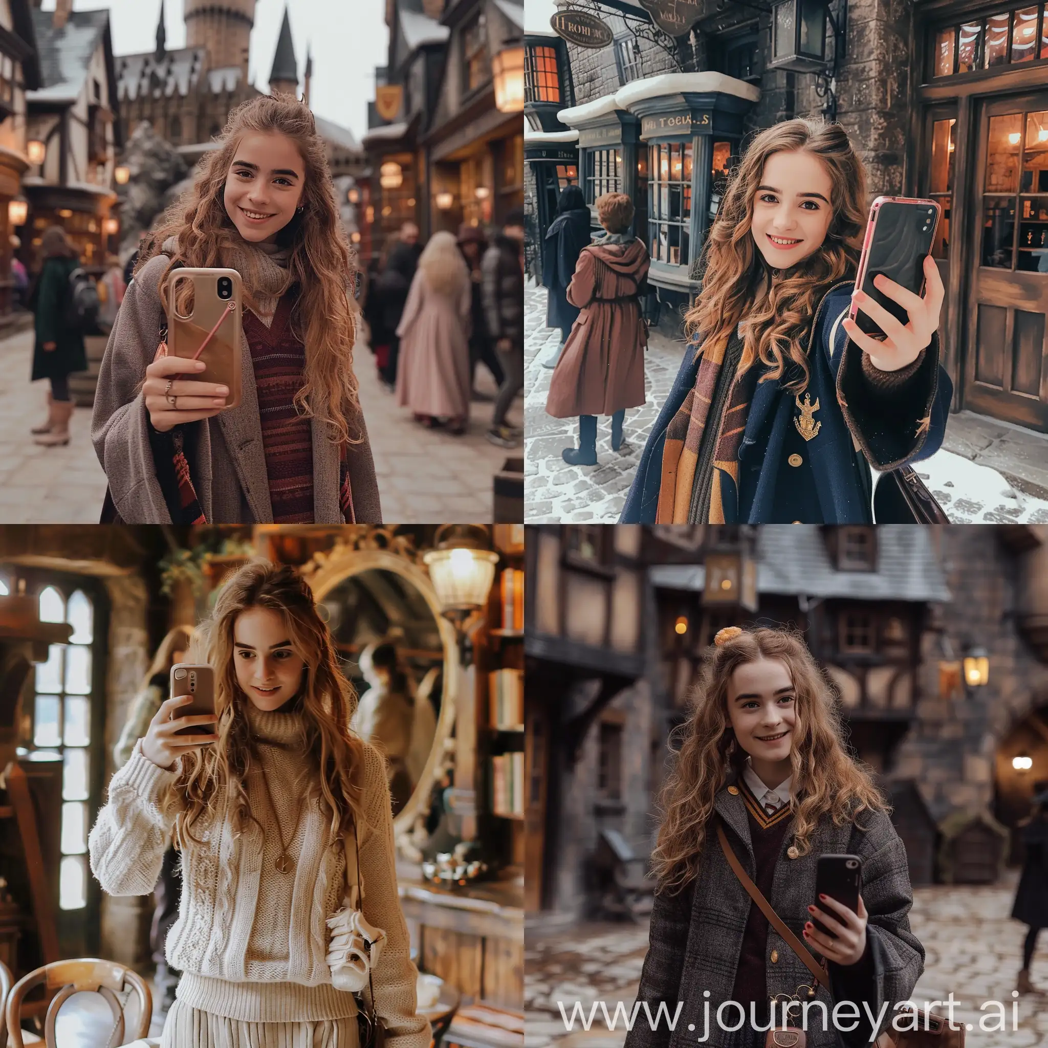Instagram photo: Hermione Granger taking a selfie at hogsmeade, Fashion Blogger aesthetic, warm color tones