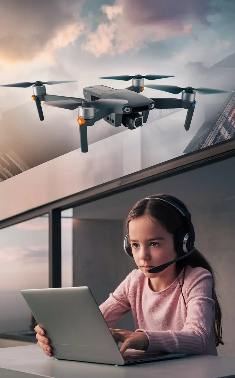girl uses computer to control drone