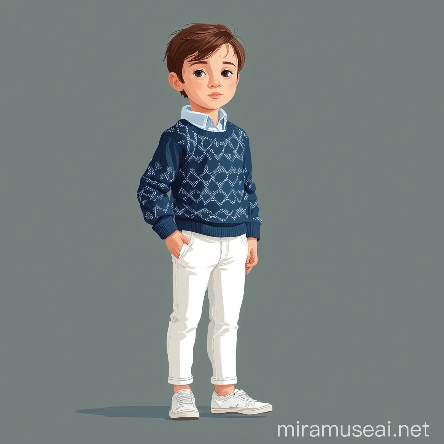 Молодой мальчик в синем свитере и белых штанах, в плоском векторном стиле