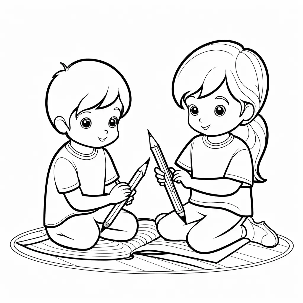 Kids-Sharing-Pencils-Coloring-Page-Simple-Line-Art-for-Easy-Coloring