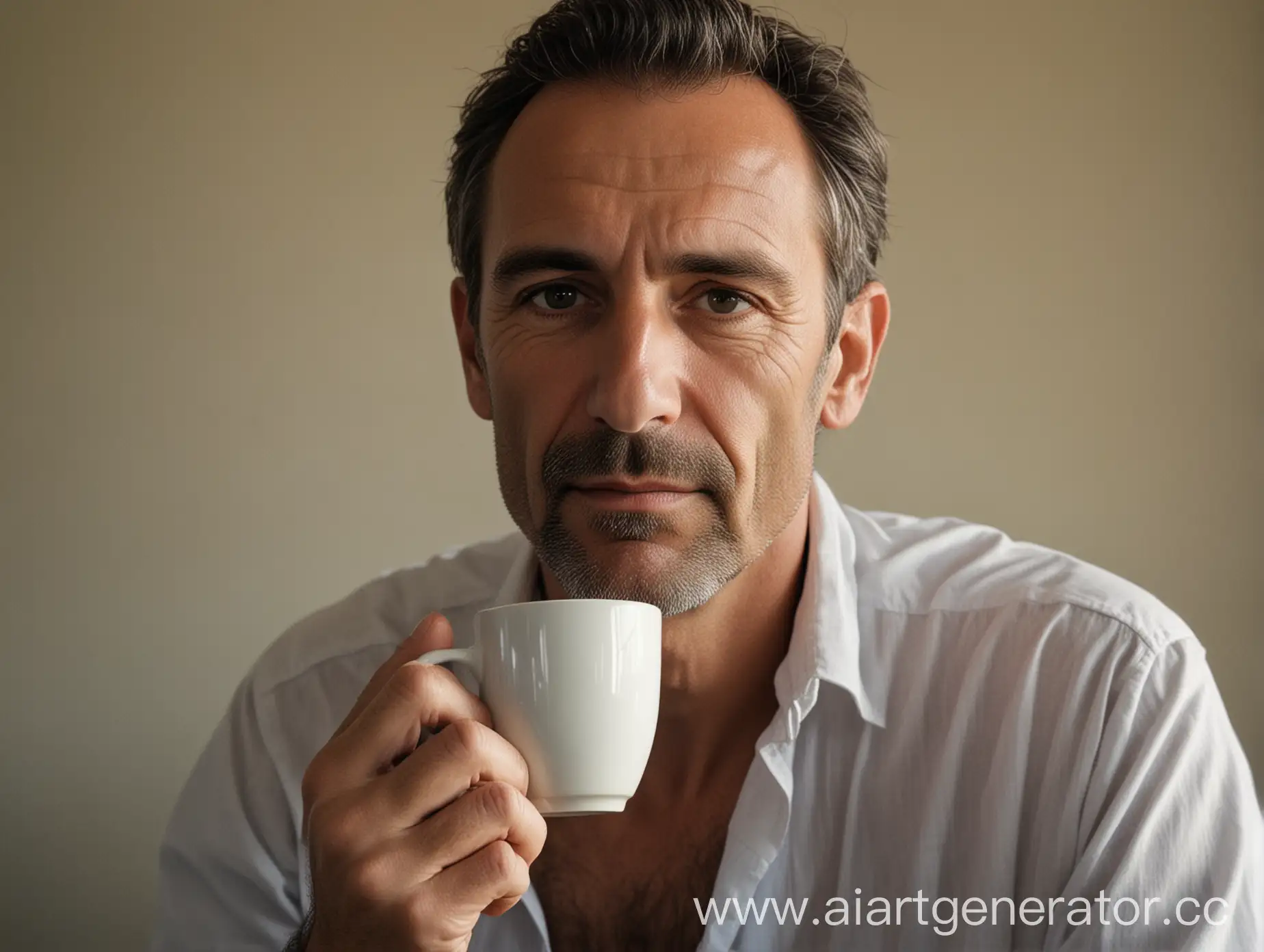 портрет, отражающих ежедневные ритуалы мужчины: утренний кофе