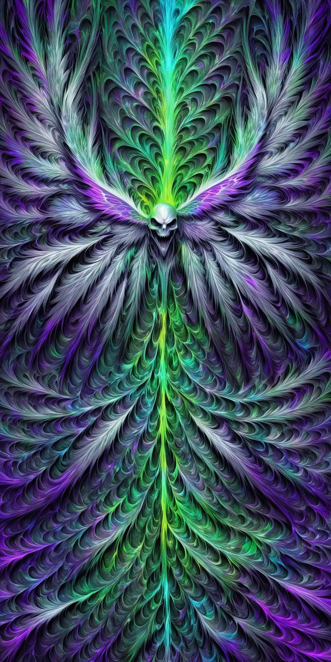 abstract wallpaper. silver, iridescent, chrome wings and feather indentations. of lightning. green hints of nature. minor hint of purple. slight neon blue. marble. fractal. no humans. surreal. splash art. pour paint. vampire themed. multi-depths.