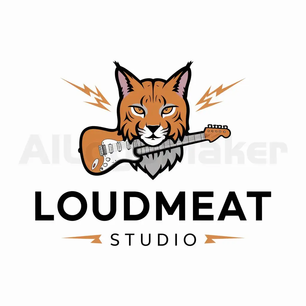 a logo design,with the text "Loudmeat studio", main symbol:Lynx, electric guitar, soundtrack,Moderate,be used in Entertainment industry,clear background