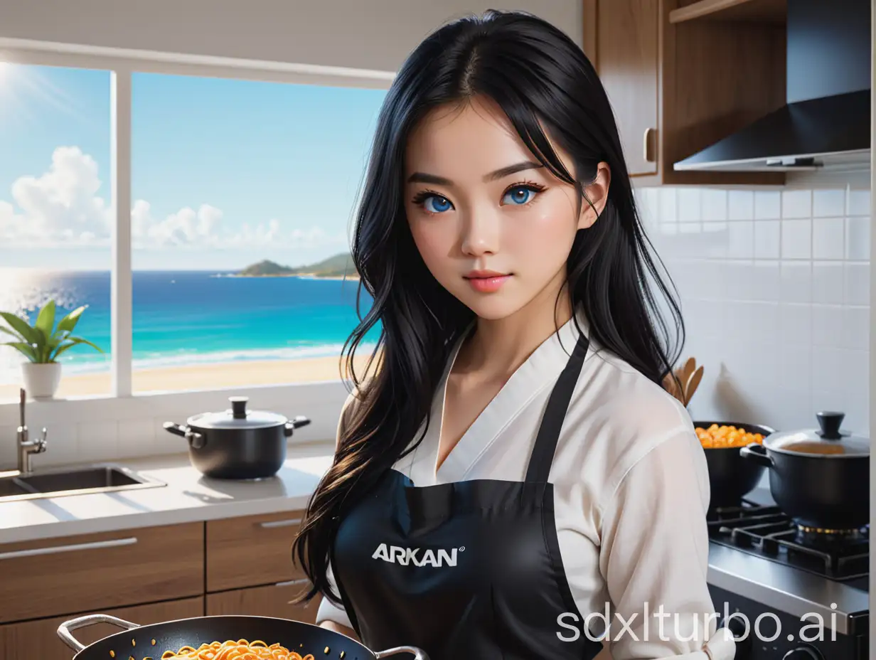 Laina is a 21 year old Asian woman with blue eyes and long, jet-black hair who is cooking in her kitchen. She has almond-shaped eyes that add to her distinctive appearance. In the background is the Gold Coast of Australia., Kazuo Umezu style, inspired by Atsushi Kaneko, using Cinema 4D, 999 Centillion resolution, gel lighting, visually rich, elegant, stunning, gorgeous, intricate details, highest detail, highest quality, smooth, epic, cinematic, perfect, Comfy UI, Behance winner, octane 5 render, masterpiece, Inferno, Glass and Steel, supersampling, CGI Noir, Glowwave, high-quality caustics, accurate color grading, ray-marched volumetrics, multi-pass rendering, ARRI ALEXA Mini LF, ARRI Signature Prime 999999999999999999999999999999999999999999999999999999999999mm f/1.8-2L, 3D render, ar 3:2