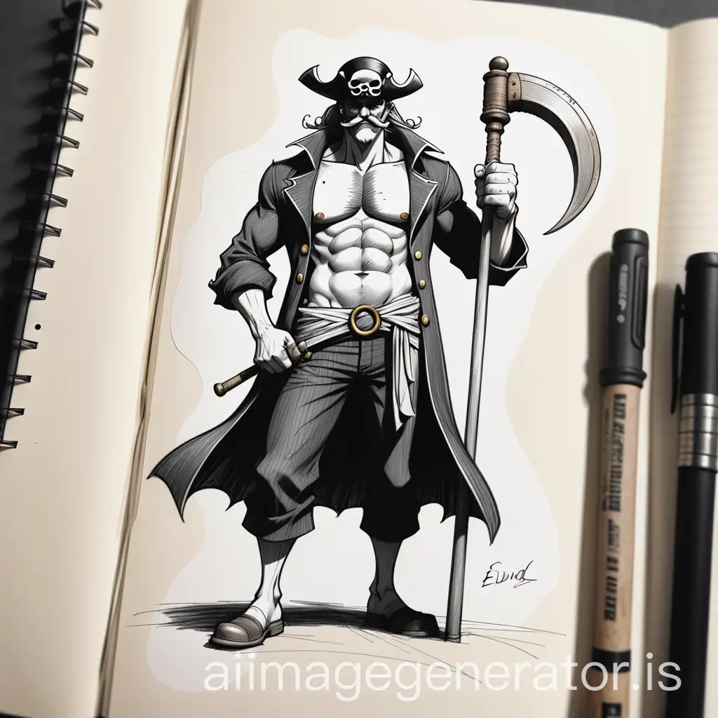 Sketchbook Style, Sketch book, hand drawn, dark, gritty, realistic sketch, Rough sketch, mix of bold dark lines and loose lines, bold lines, on paper, turnaround character sheet, edward newgate from One Piece, male, crescent shape white mustache , holding staff, muscular, Full body,  pirate theme, Perfect composition golden ratio, masterpiece, best quality, 4k