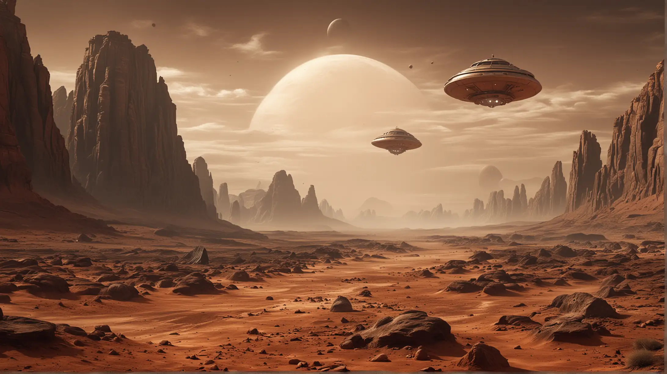 Mars Landscape with Steampunk Flying Saucers at Dusk