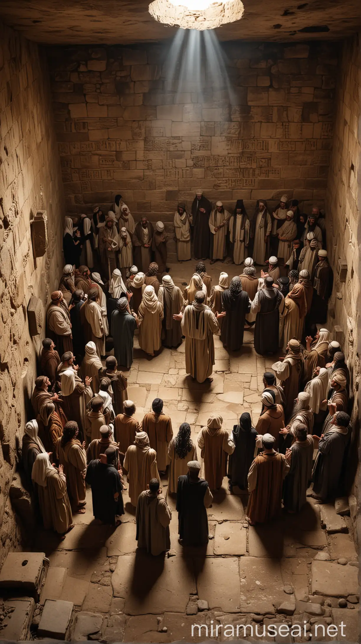 Jewish people stands in worship in a small room in ancient world 