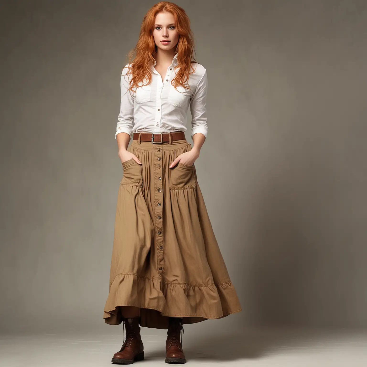 25-year old stawberry blonde hair woman in a long skirt with boots with hands in her pockets, show head to toe of woman
