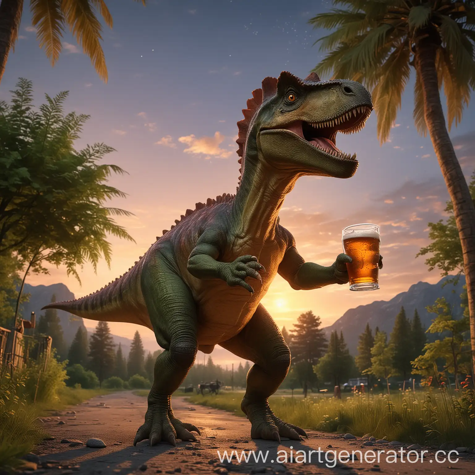 Динозавр держит в руке пиво и гуляет летним вечером