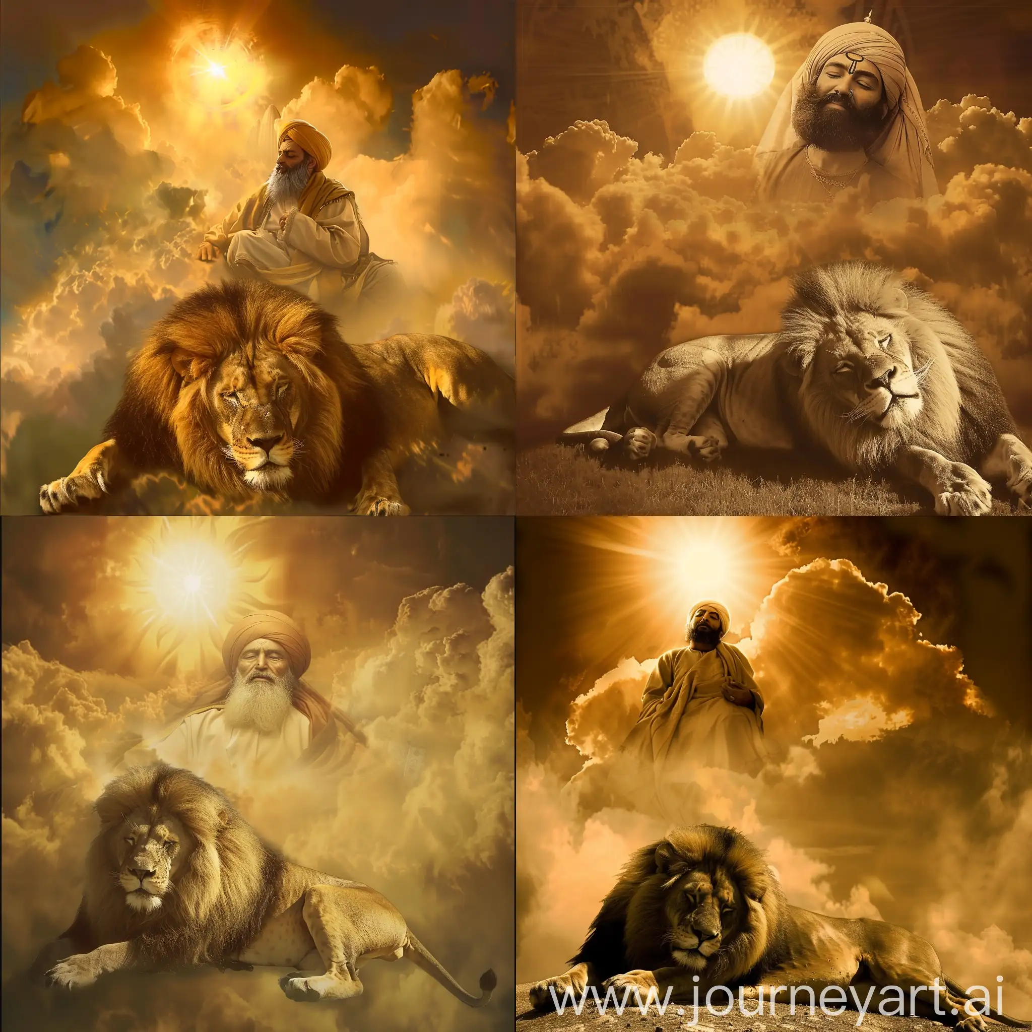 Create this imaginary picture for me: place Hazrat Ali in the sky, behind which a sun is shining, and in front of Hazrat Ali, a male lion is sleeping.