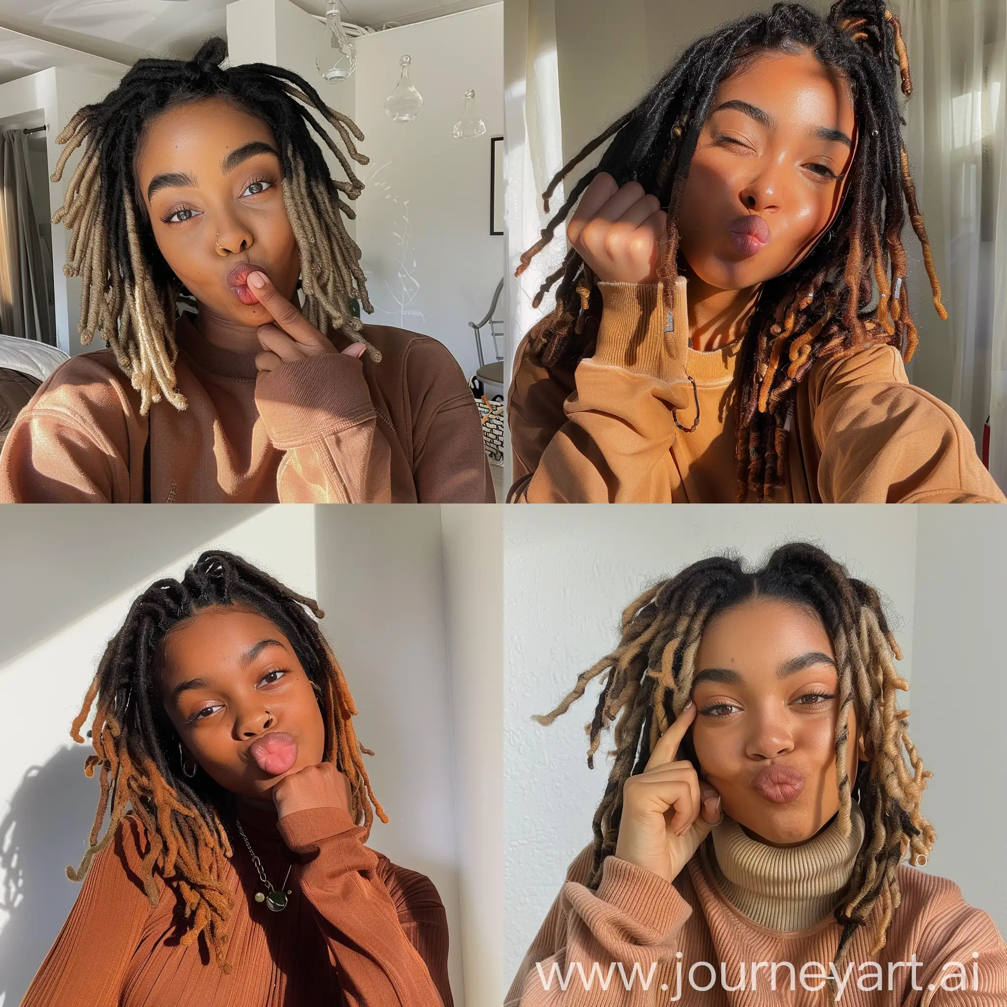 Aesthetic instagram selfie of a black teenage influencer with ombre dreadlocks, making silly face, soft brown clothing color tones--ar 9:16