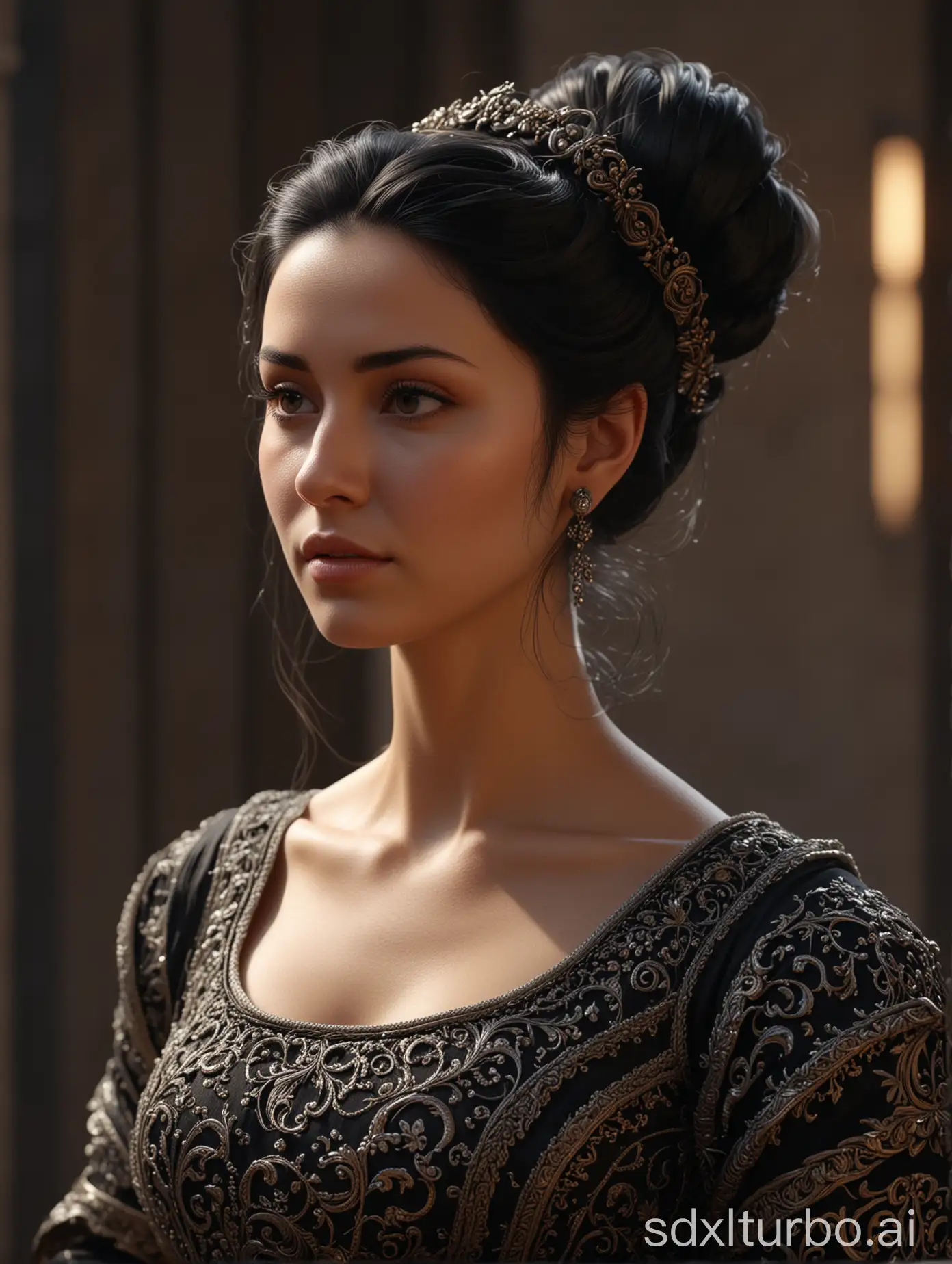 A beautiful  woman of 40 with black  hair gathered in an intricate bun, in a  medieval dress, (((looks to the right)))  , perfect composition, beautiful detailed intricate insanely detailed octane render trending on artstation, 8 k, photorealistic concept art, soft natural volumetric cinematic perfect light, chiaroscuro,  masterpiece, caravaggio, greg rutkowski