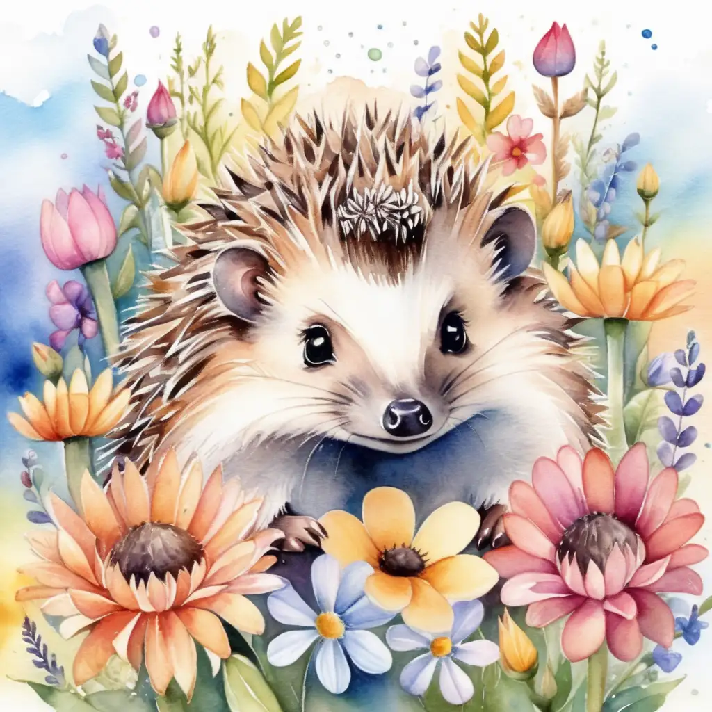 Adorable Hedgehog Surrounded by Vibrant Watercolor Flowers