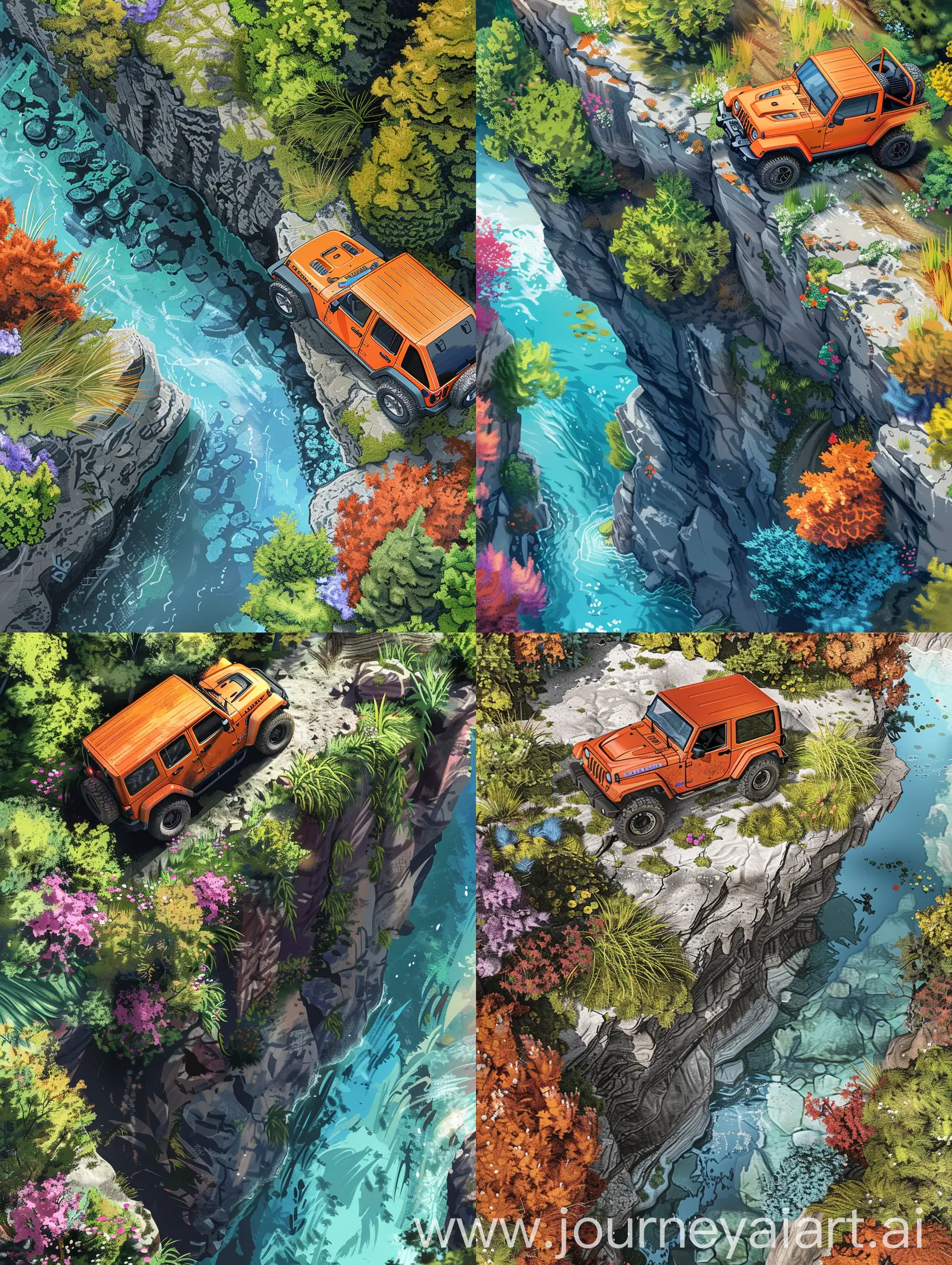 A digital painting of a orange off road car,jeep, parked on the edge of a high cliff,drone shot,below is a clear water river,vivid,Trees,grasses,different color of flowers