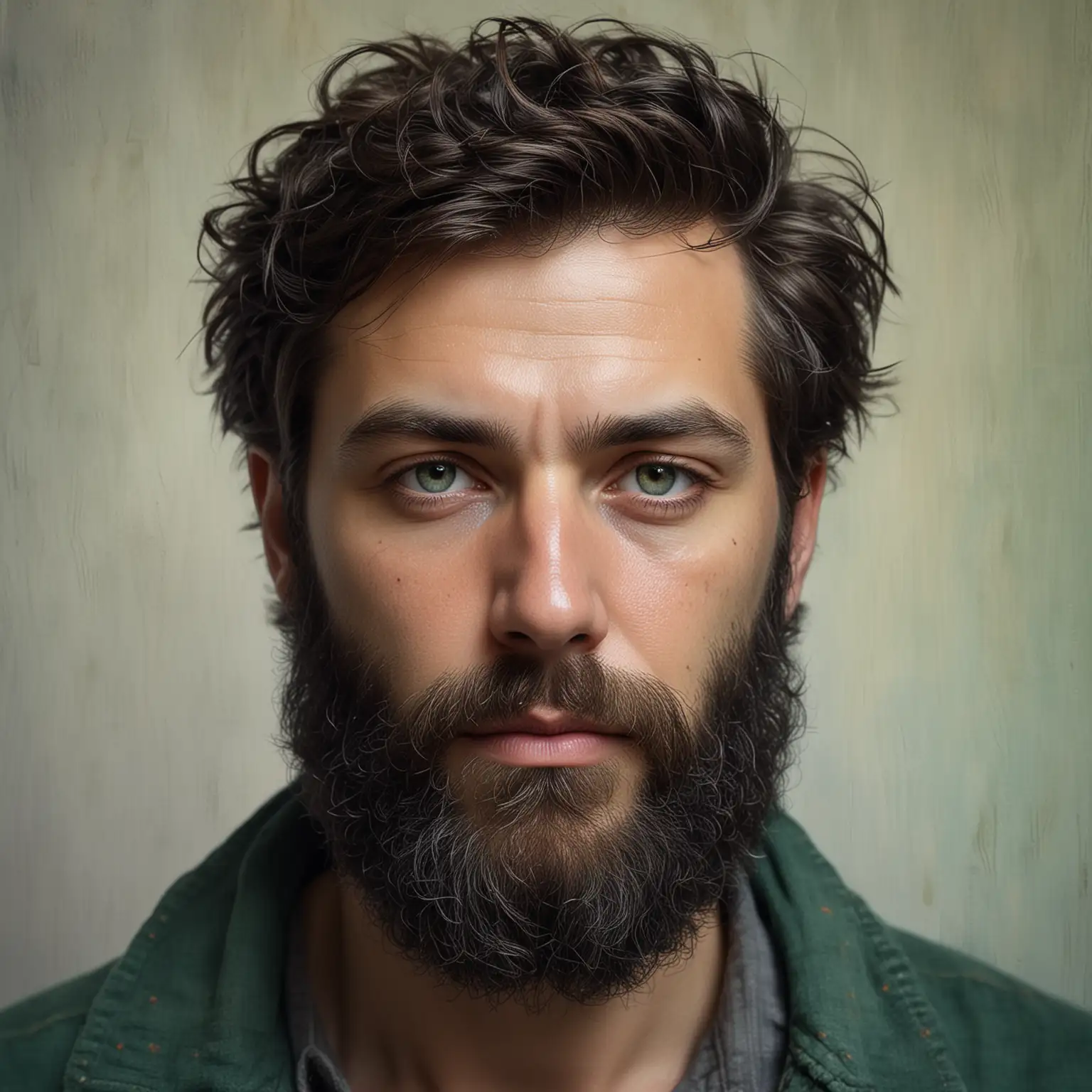 Create a highly detailed and expressive portrait of a bearded man in a contemplative pose. The artwork should be done in a painterly style, with visible brushstrokes and a mix of colors. The man's face is turned slightly upward and to the side, with a thoughtful and serene expression. He has a well-groomed, full beard and short, dark hair. His skin is depicted with a combination of light and shadow, creating a sense of depth. The color palette should include shades of green, blue, and hints of purple, adding a dynamic and emotional quality to the image. The background should be abstract and soft, using light colors like pale blue and white to contrast with the darker tones of the man's features. The overall mood of the portrait should be reflective and peaceful.