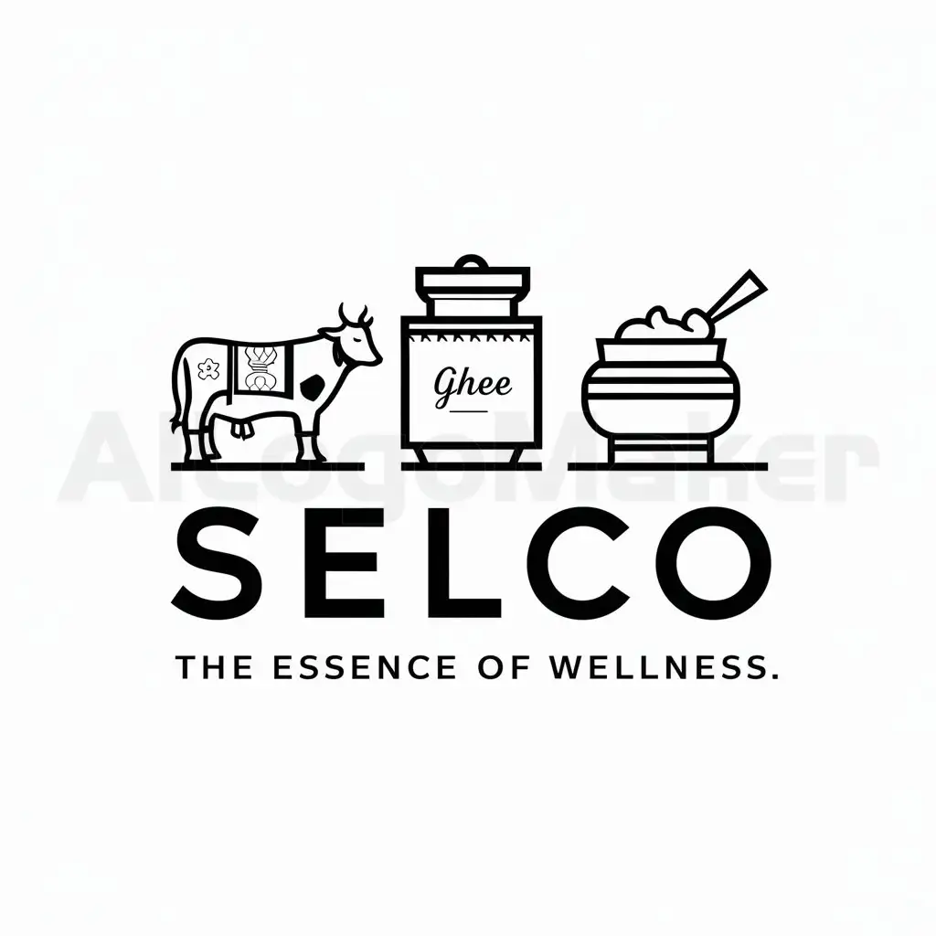 a logo design,with the text "SELCO, The Essence of Wellness", main symbol:GHEE, INDIAN COW, MILK, bilona hand churn,Moderate,be used in food industry,clear background