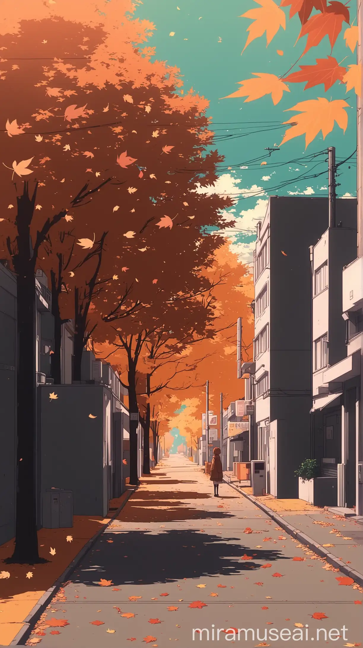 Anime Aesthetic Digital Art Fall Street Scene with Leaves