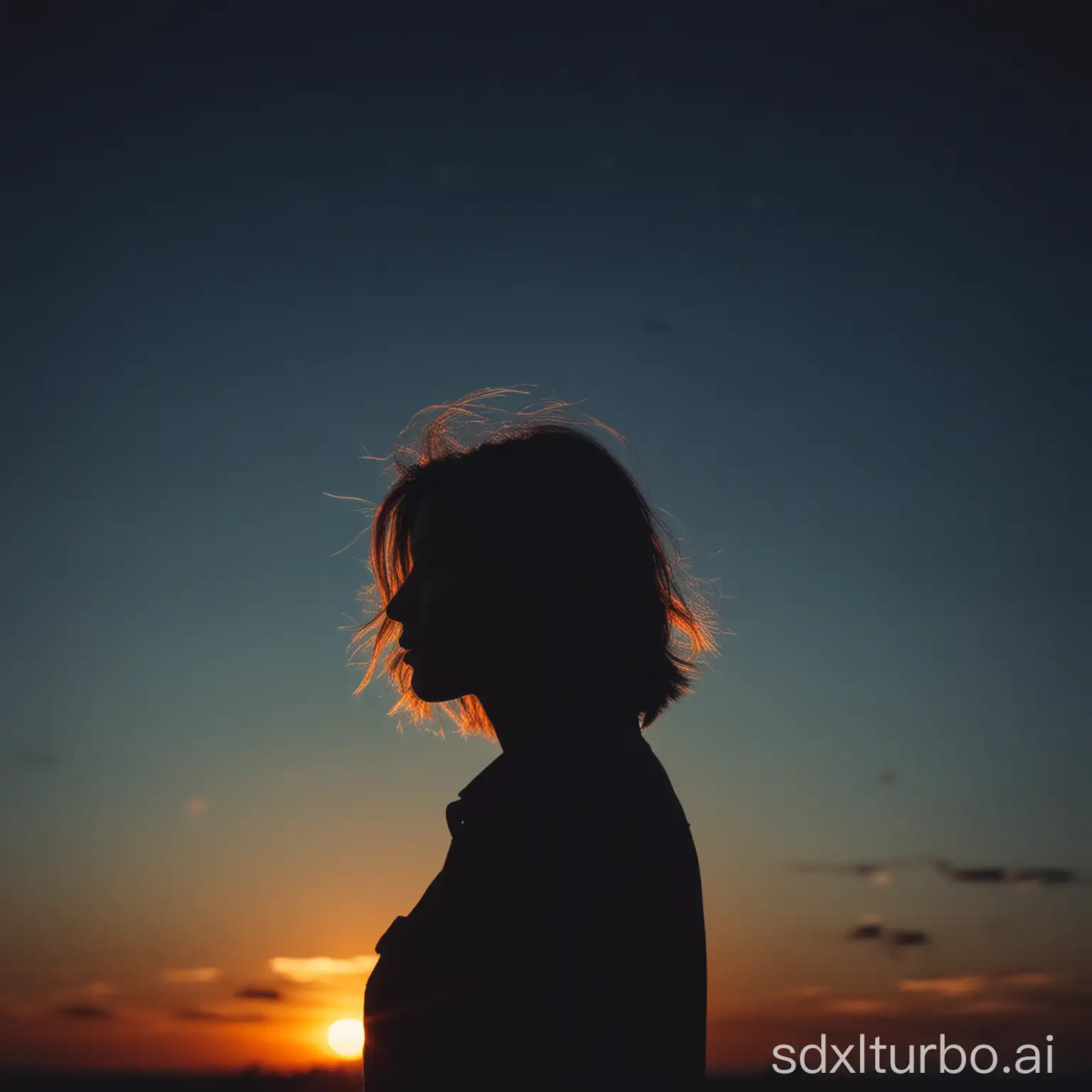 Silhouette of {women } standing in front of a, dark blue sky, a little saturated orange in the background sunset, night time, dark background, dark black hair, cinematic photography, cinematic lighting, dark theme, shattered camera lens, digital photography, 70mm, f2.8, lens aberration, grain, boke, double exposure, shaterred, color negative