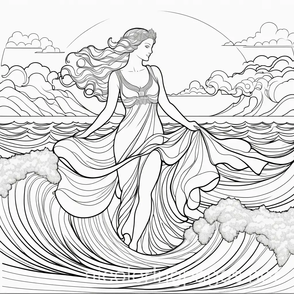 **Aphrodite Rising from the Sea** - Inspired by classical depictions, Aphrodite emerges from the ocean, waves and sea foam surrounding her elegant form. for an adult coloring book page on Greek myths, Coloring Page, black and white, line art, white background, Simplicity, Ample White Space. The background of the coloring page is plain white to make it easy for young children to color within the lines. The outlines of all the subjects are easy to distinguish, making it simple for kids to color without too much difficulty