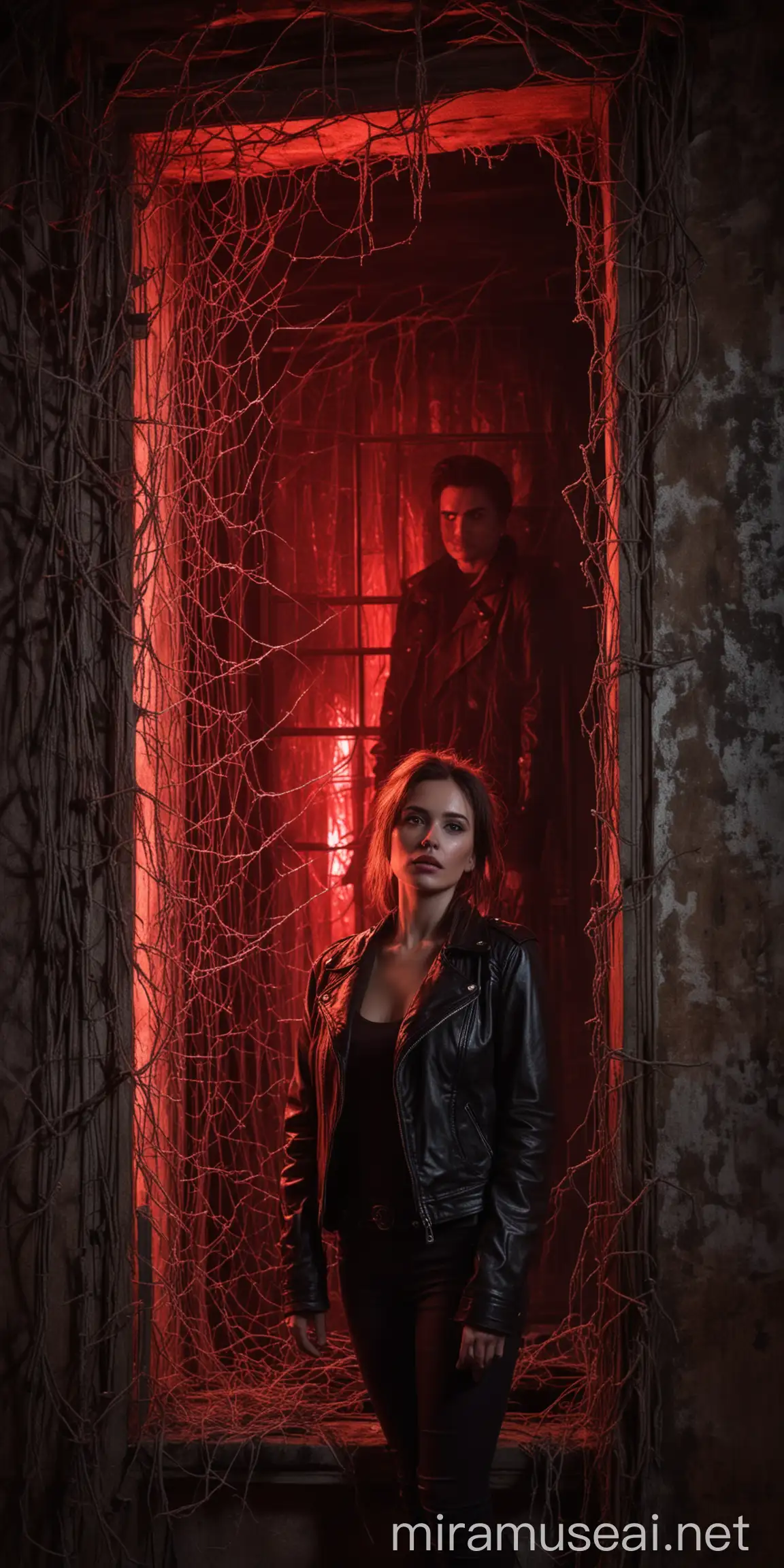 A beautiful lady in a leather jacket, looking out from a scary house with cobwebs and red luminous light behind, with a strange man shadow behind