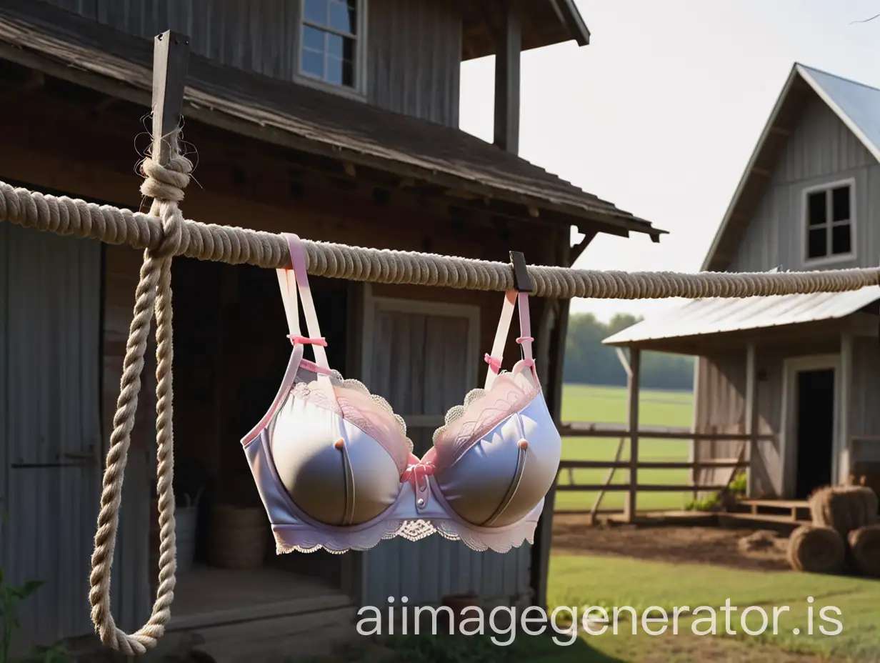 a bra hanging in a rope near a farm house