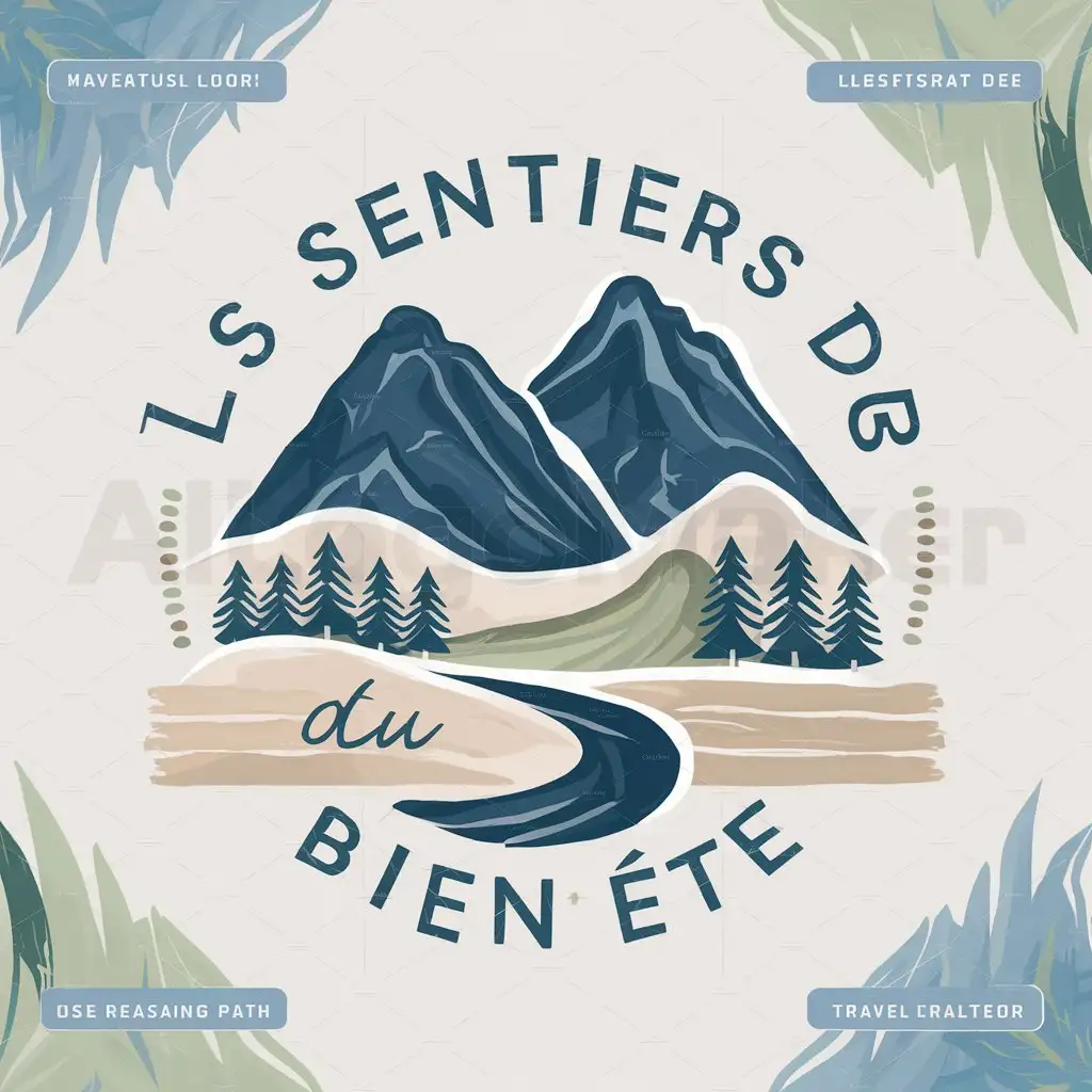 a logo design,with the text "Les sentiers du bien être", main symbol:Rounded logo, Large mountains with lower situated pine trees, and a little well-being path, Natural colors blue green beige, Writing name of the rounded logo with relaxing pleasant borders, well integrated,Moderate,be used in Travel industry,clear background