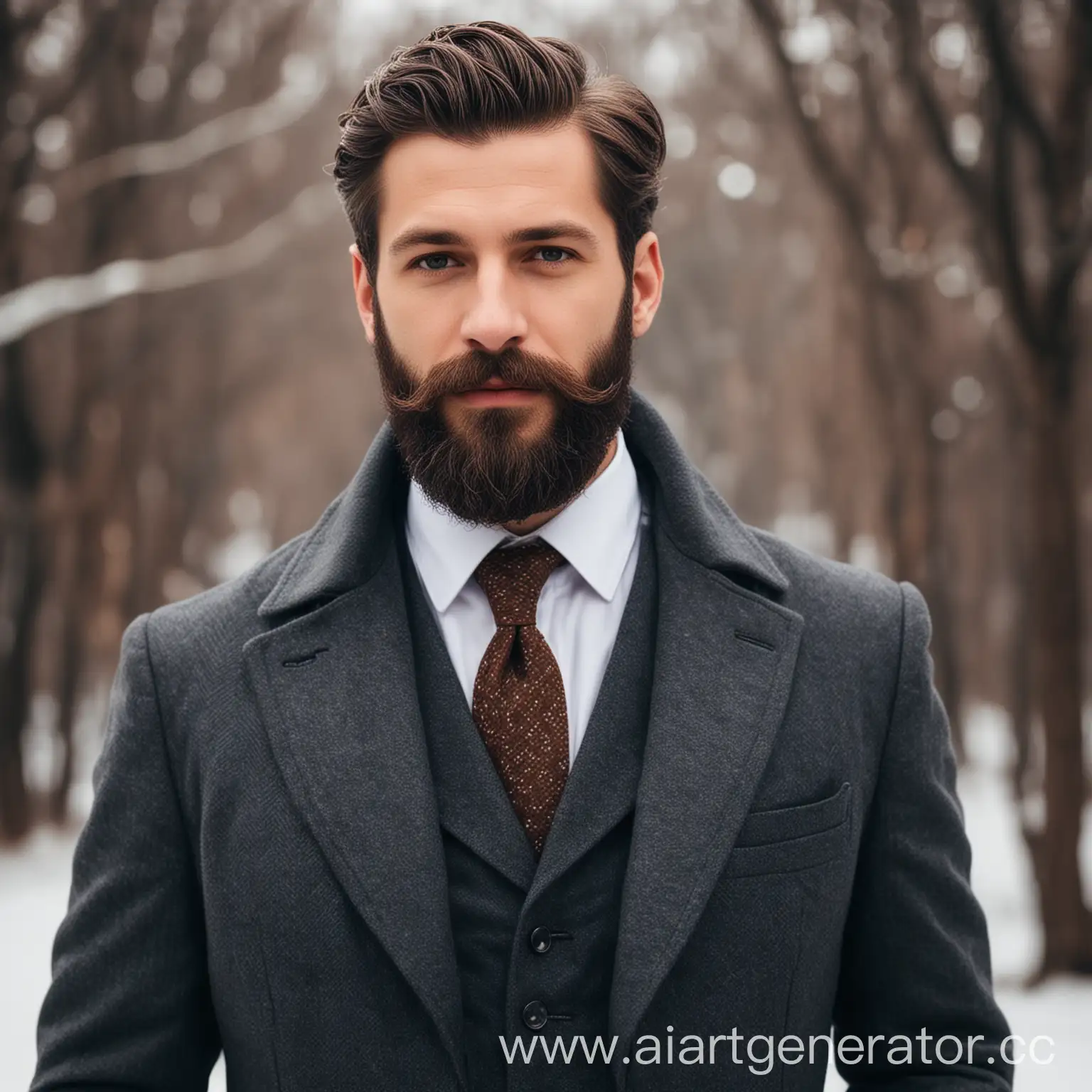 Мужчина в красивом бороде и присоске в кастюме и зимнем пальто