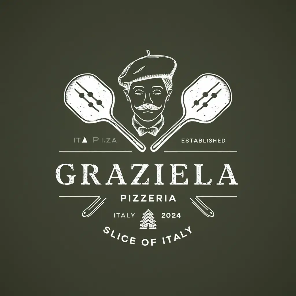 GRAZIELLA Pizzeria logo , Restaurant symbol , Sketched Baker's hat and Mustache , Slogan Slice of Italy , Minimal Logo , EST 2024 , Solid Background , Italy Flag , Crossed Pizza Peel , Tree decoration,