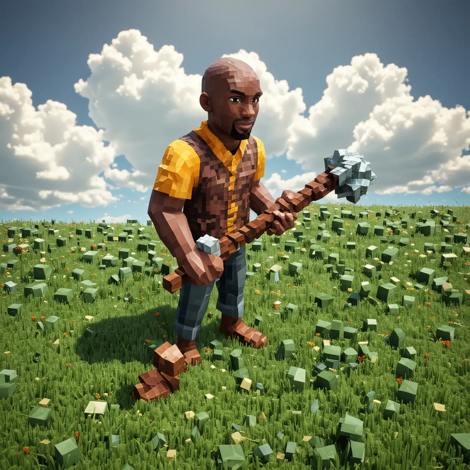 Kobe in my world game, holding a diamond pickaxe digging grass blocks, clouds made of pixel blocks form 'Mamba Out'