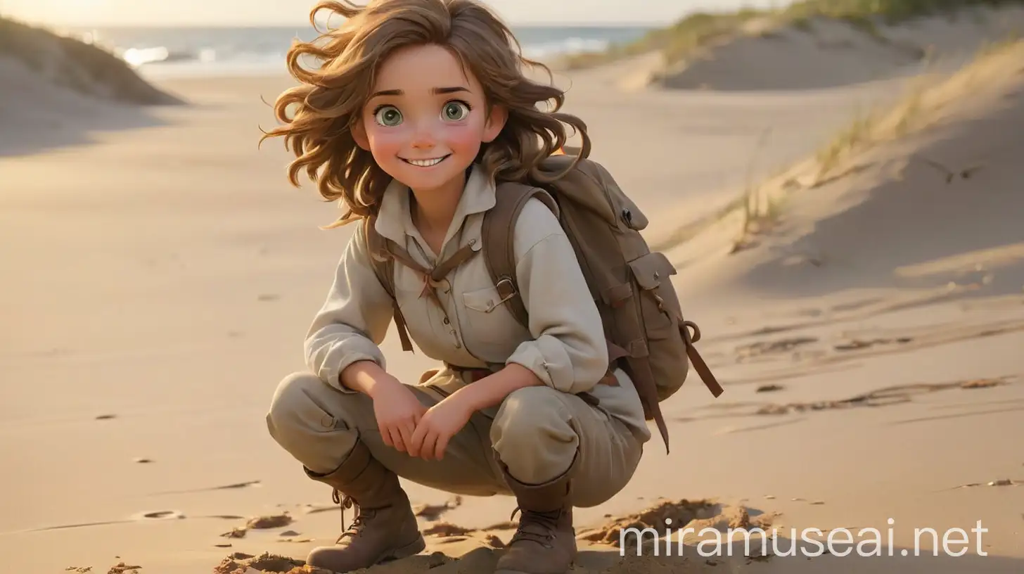  a young girl with bright, inquisitive eyes and a friendly smile. She wears simple yet practical clothing suitable for adventure—a light tunic, sturdy pants, and worn leather boots carrying a back pack. Her hair is loosely tied back,  looking at  The enchanted compass that she discovered lies partially buried in the sand of the beach glowing softly with an otherworldly light.