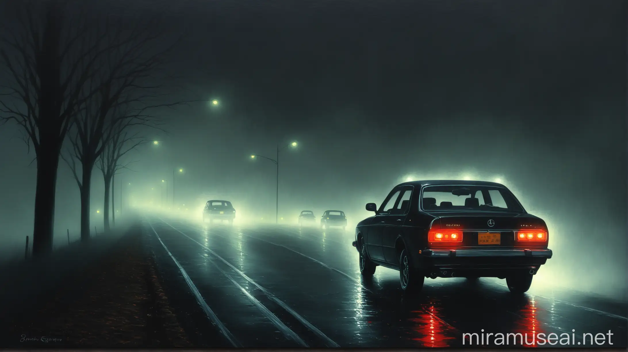 painting of car lights on dark road fog 