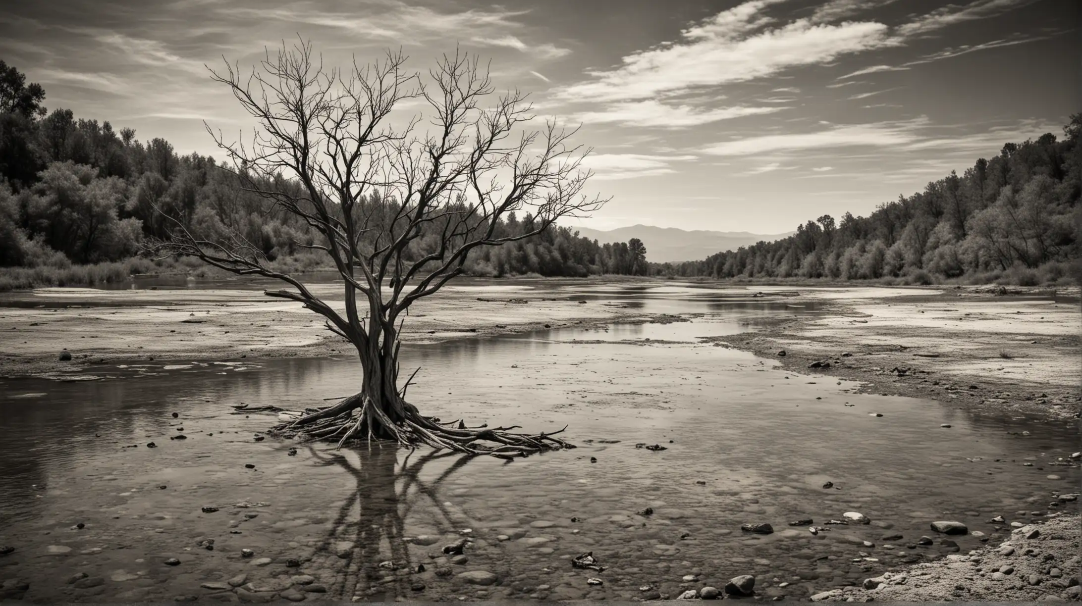Barren Tree Silhouette in Grunge Black and White Landscape by the Lake