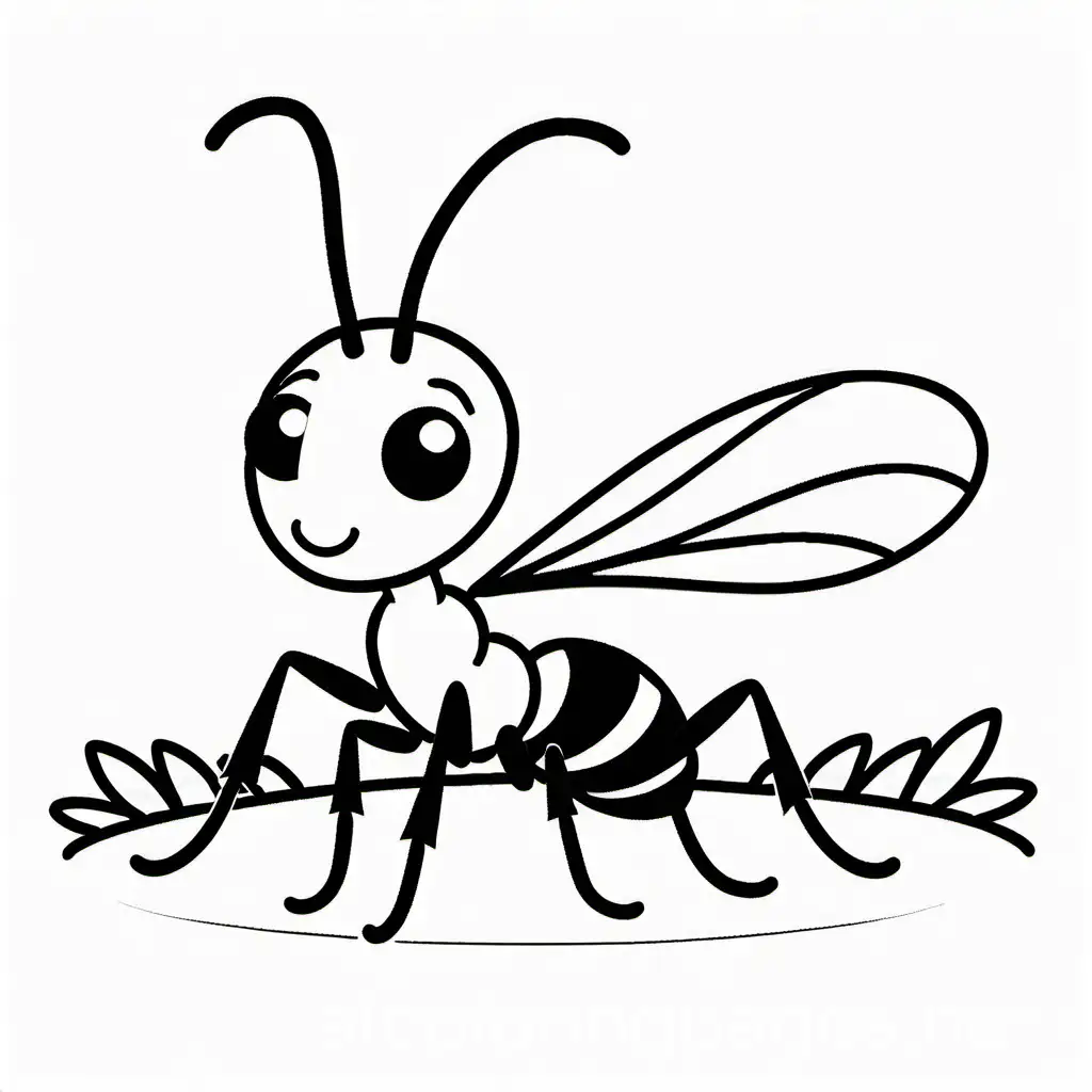 Cute Ant, Coloring Page, black and white, line art, white background, Simplicity, Ample White Space. The background of the coloring page is plain white to make it easy for young children to color within the lines. The outlines of all the subjects are easy to distinguish, making it simple for kids to color without too much difficulty