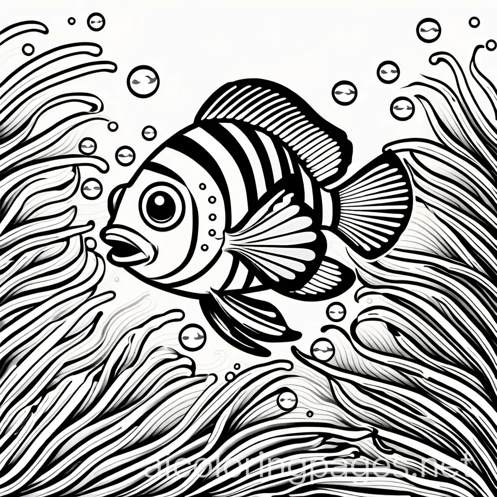 underwater fish, coral, close up  of a clownfish- lineart, Coloring Page, black and white, line art, white background, Simplicity, Ample White Space. The background of the coloring page is plain white to make it easy for young children to color within the lines. The outlines of all the subjects are easy to distinguish, making it simple for kids to color without too much difficulty