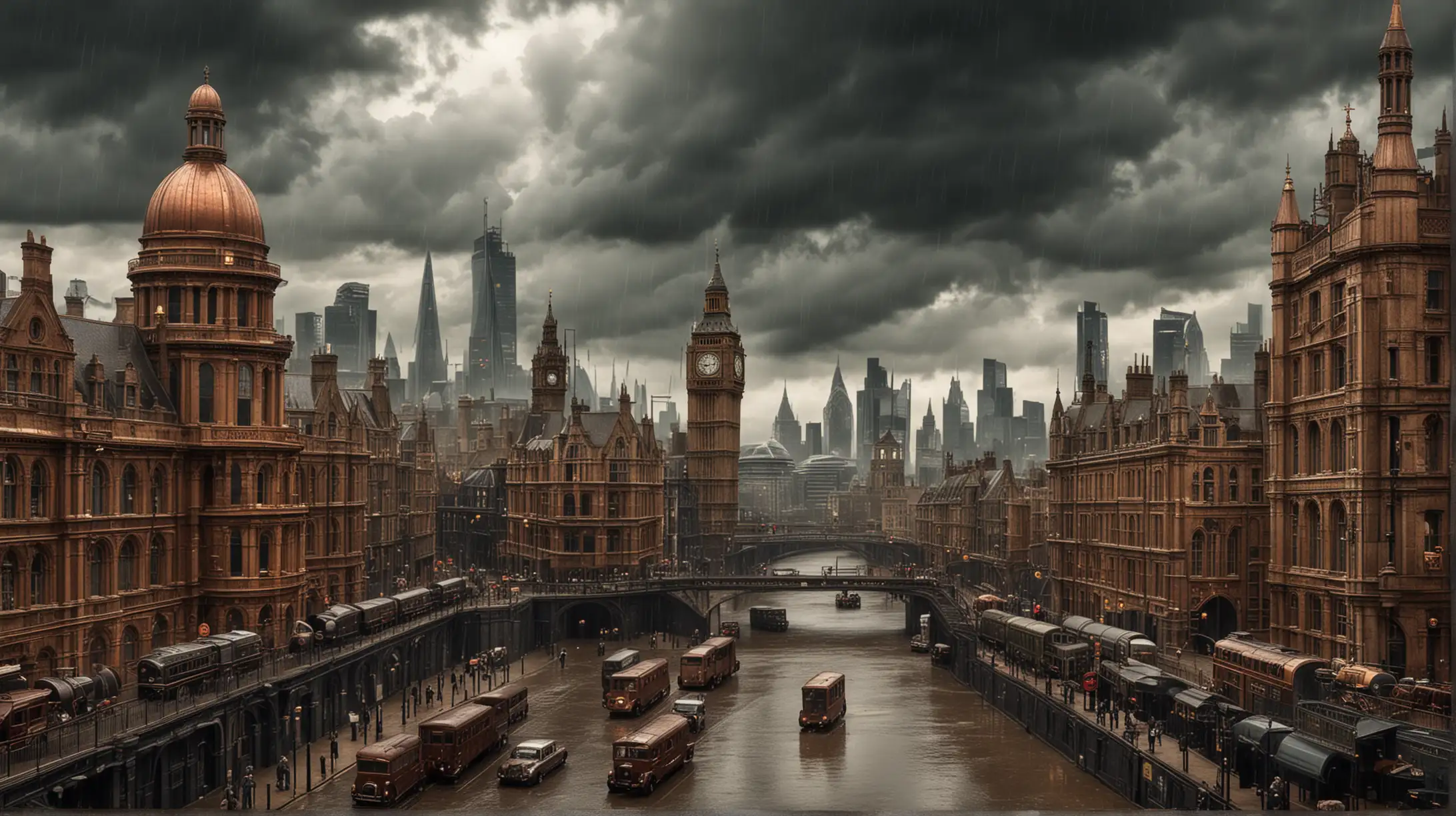 the steampunk version of London, copper, brass, steel, rainy and cloudy