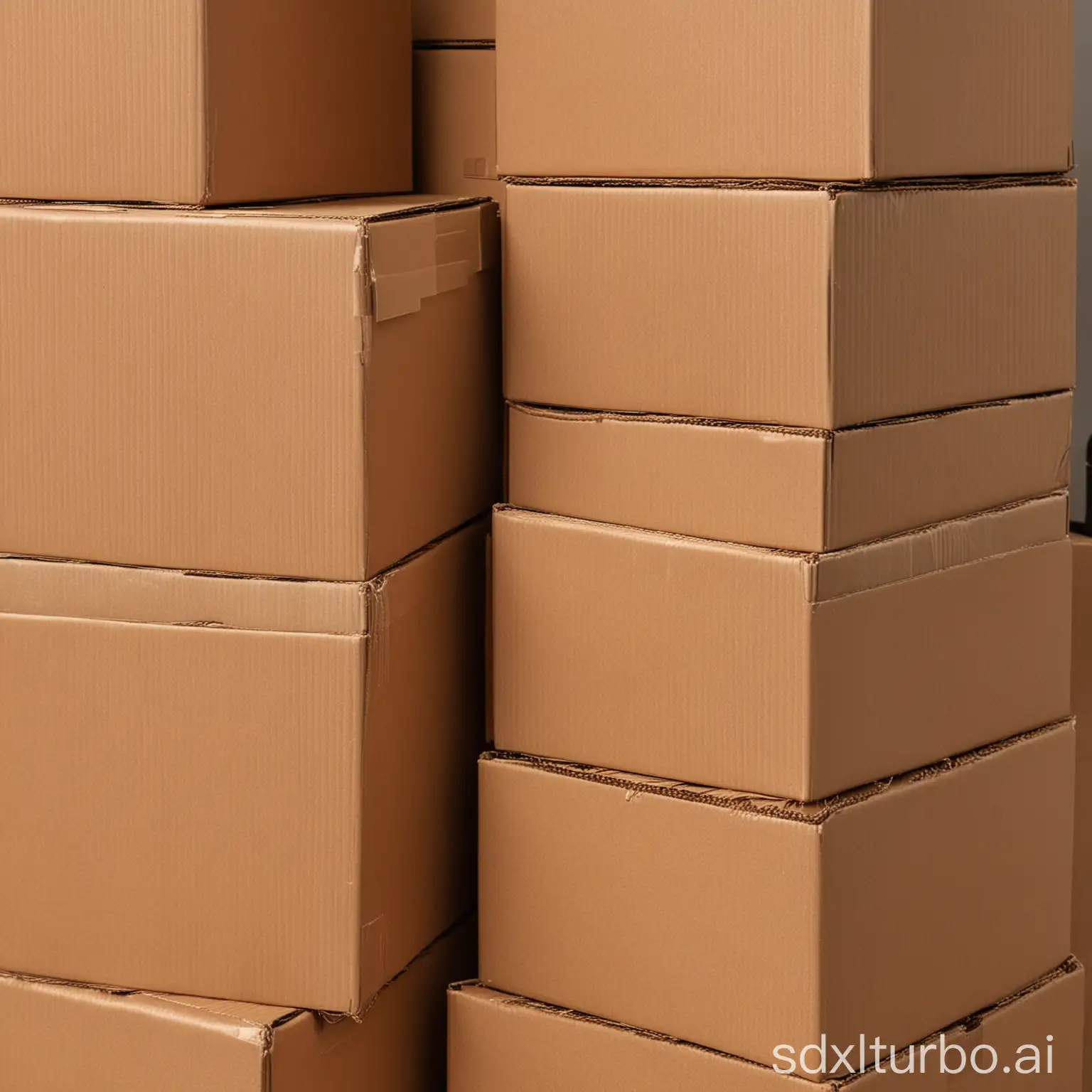 A stack of corrugated cardboard boxes of different sizes. The boxes are brown and have a ribbed texture. The boxes are stacked neatly on top of each other.
