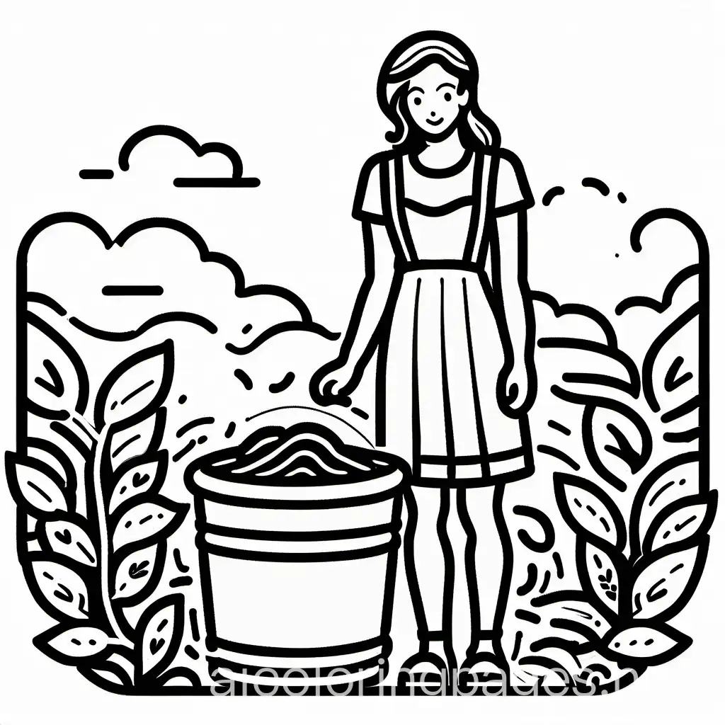 Women-Recycling-with-Compost-Bin-Simple-Black-and-White-Coloring-Page