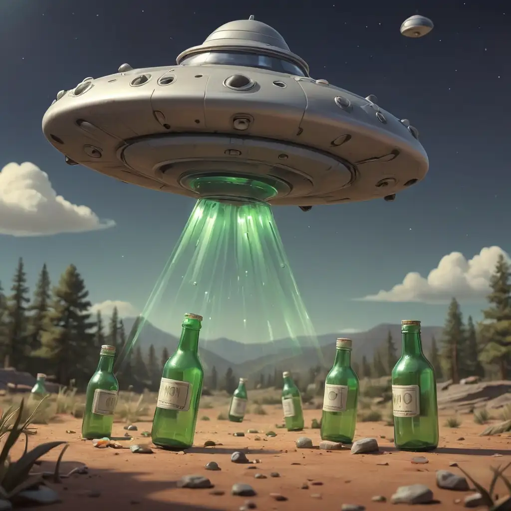 Cartoon-UFO-Abducts-Bottles-in-Night-Sky