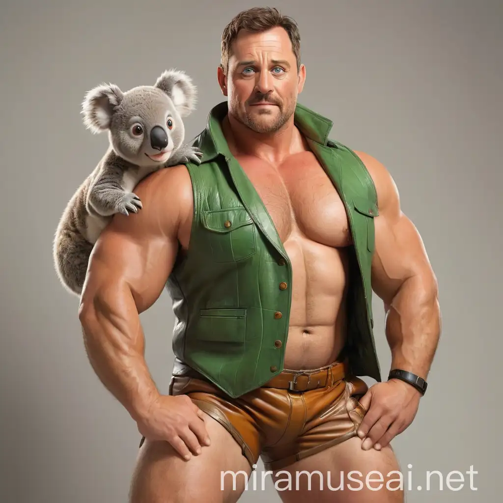 Thick Beefy Meaty Stocky Topless 30s Muscled Daddy with Big Beautiful Green Eyes wearing unbuttoned Crocodile Skin Vest Mixed Rainbow Coloured Short Shorts Brown leather Short boots Flexing his Big Strong Arm holding Small Koala