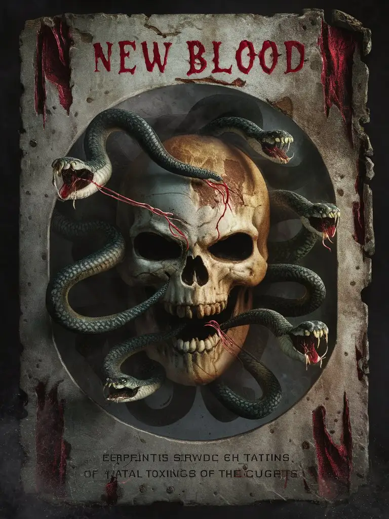 A corroded and discolored 'New Blood' card bearing a sinister skull adorned with venomous serpents. A subtle, acrid odor wafts from it, a reminder of the deadly toxins that claimed their victim's life.