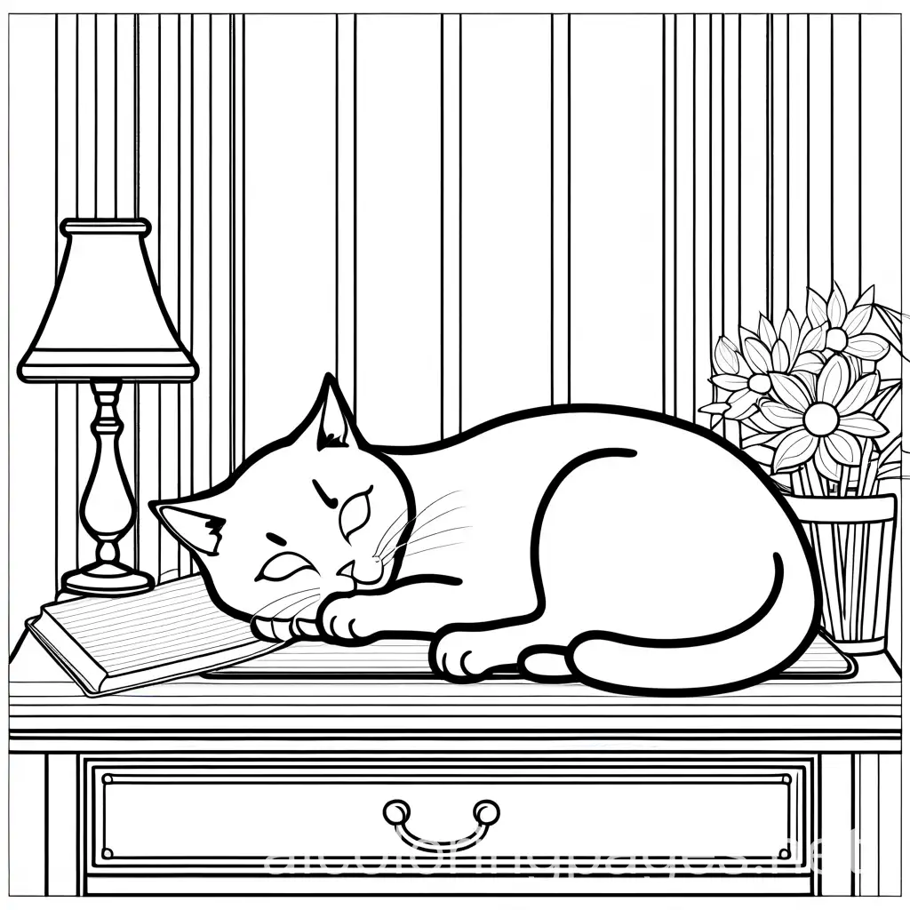 A cute cat sleeping on a writing desk
, Coloring Page, black and white, line art, white background, Simplicity, Ample White Space. The background of the coloring page is plain white to make it easy for young children to color within the lines. The outlines of all the subjects are easy to distinguish, making it simple for kids to color without too much difficulty