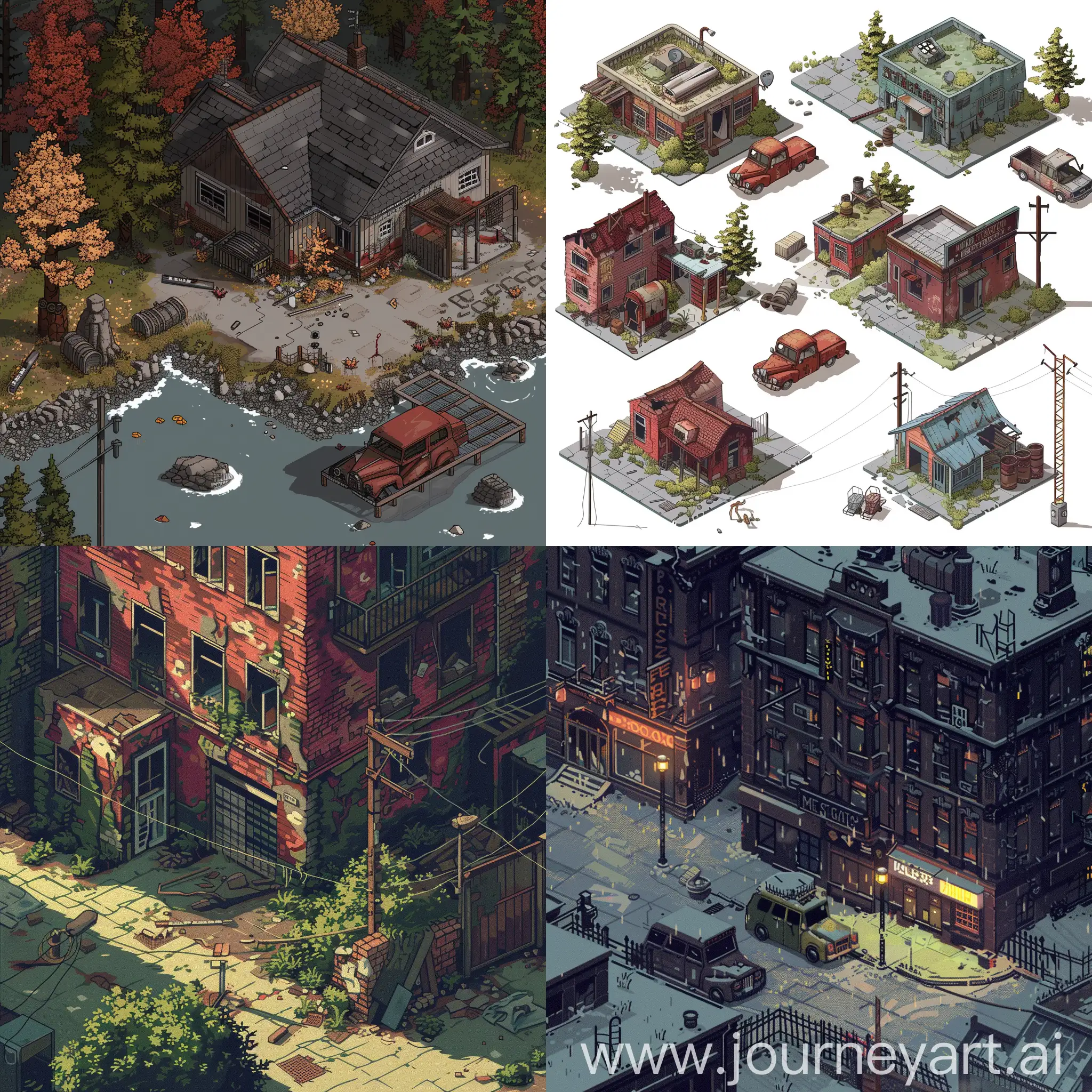 Art of random locations from the game stalker in pixel isometry style for pixel games.