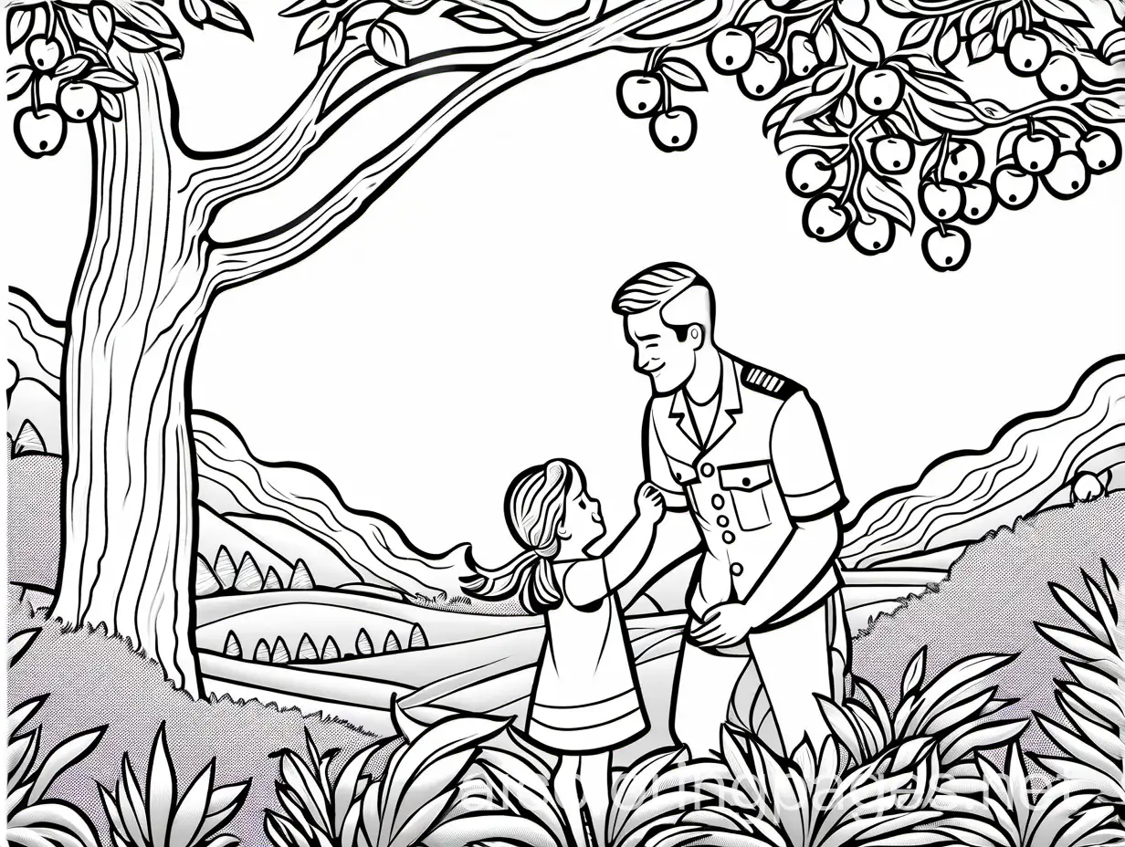 A military man holds a small daughter in his arms in the garden, the girl stretches out her hand to pick a ripe apple from the branch, Coloring Page, black and white, line art, white background, Simplicity, Ample White Space. The background of the coloring page is plain white to make it easy for young children to color within the lines. The outlines of all the subjects are easy to distinguish, making it simple for kids to color without too much difficulty