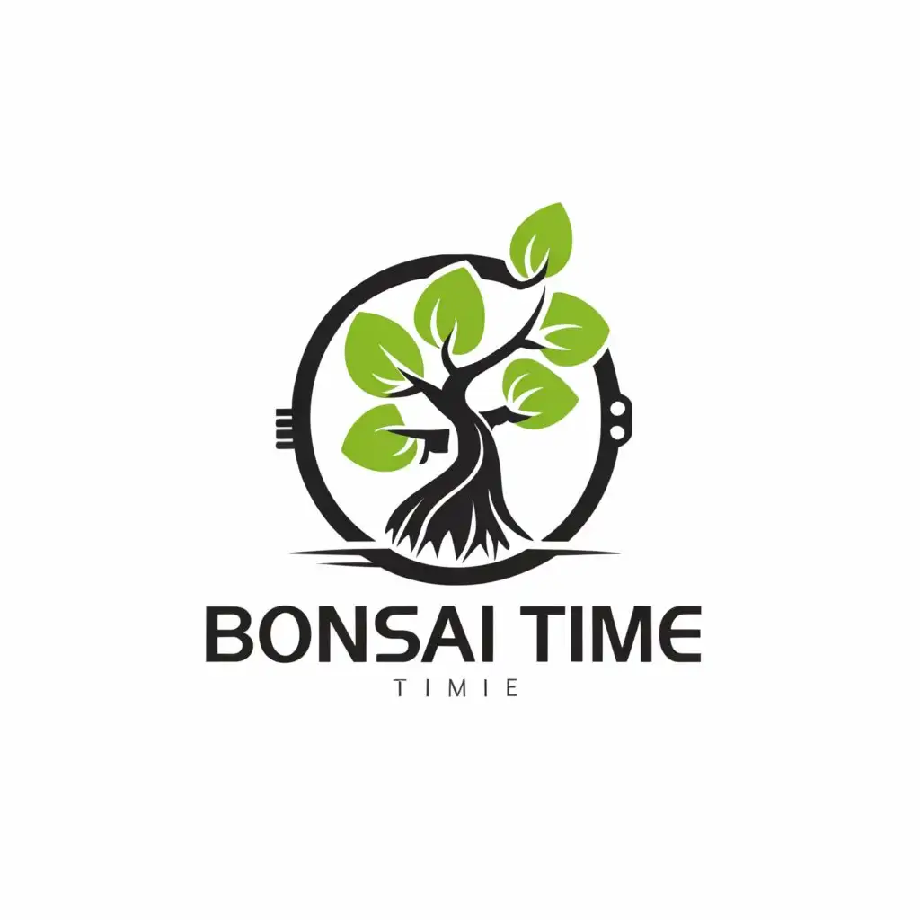 a logo design,with the text "Bonsai time ", main symbol:Watch clock tree bonsai Japanese watches,Minimalistic,be used in Technology industry,clear background