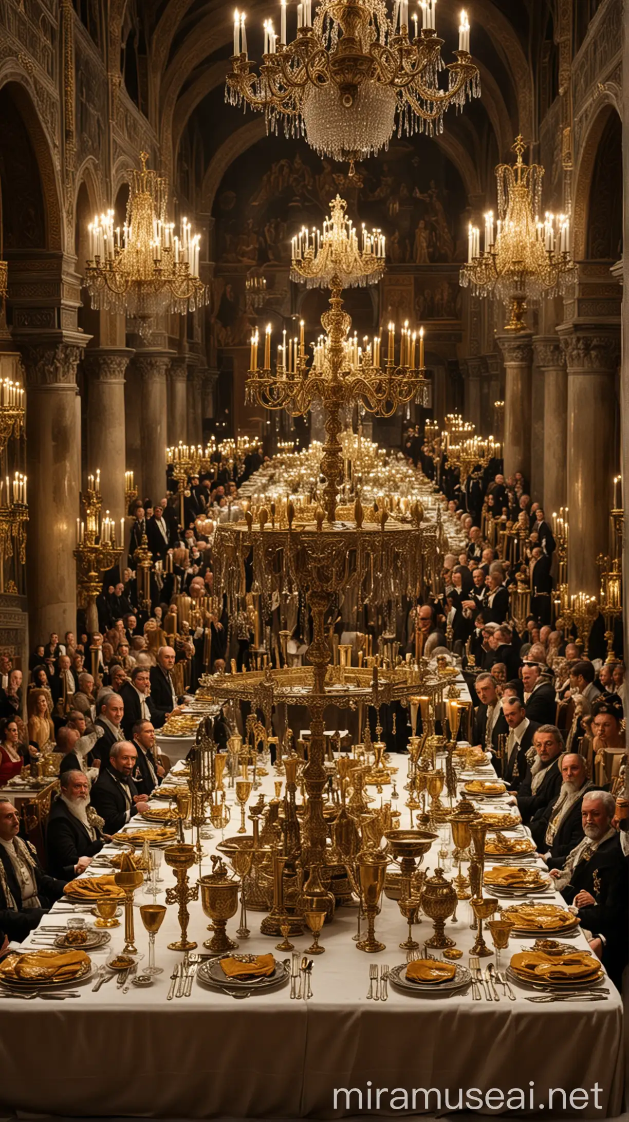 A grand banquet ancient hall with a lavish table set for a thousand guests, featuring golden and silver utensils, candelabras, and a king's throne. Belshazzar, a regal figure with a crown and royal robes, sits at the head of the table, surrounded by his guests."In ancient world 