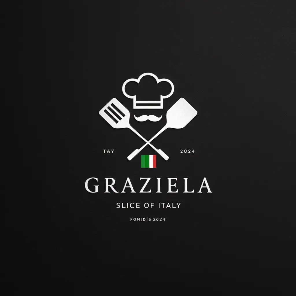 Graziella Pizzeria Sketched Chefs Hat and Mustache on Black Background with Italy Flag and Crossed Pizza Peel