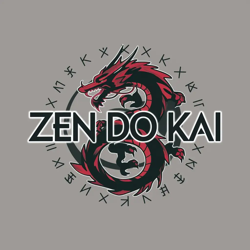 a logo design,with the text "Zen Do Kai", main symbol:red and black japanese dragon, nordic runes,Moderate,clear background